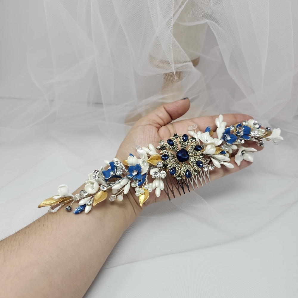 Elegant Blue and Gold Floral Headband - Picture 8 of 15